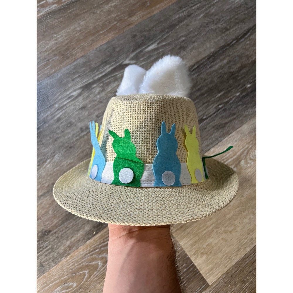 Unbranded Easter Bunny Straw Fedora Hat Kids OS Tan Multi Color Felt Ears